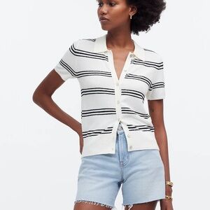 Madewell Striped Polo Knit Button-Up Shirt - Size XXS - White- Preppy Classic